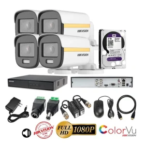 kit 4 Cámaras Seguridad Tubo FULLHD Color VU con AUDIO Hikvision + 2TB